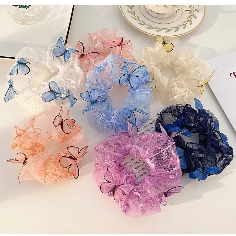 Trendy Women Design Three-dimensional Butterfly Scrunchies Elastic Rubber Bands Mesh Chiffon Floral Scrunchies Headbands
