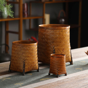 Caja de Té de Bambú Tejida, Redonda, con Cuatro Patas, Hecha a Mano, Organizador de Oficina, Contenedor de Almacenamiento, Portaplumas de Escritorio - Product Image 2