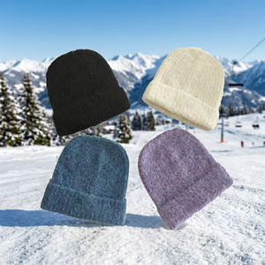 Bonnet en tricot de <span class=keywords><strong>luxe</strong></span> en mélange de laine avec étiquette en cuir PU personnalisée à lettre classique, revers courant, idéal pour le ski en automne et en hiver - Product Image 1