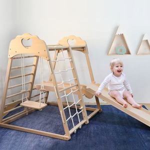 Wooden Climbing <b>Frame</b> Indoor Play Set With Slide And <b>Swing</b> For Kids Unisex Natural Wood Color Geometric Shape KHG-6 - Product Image 1