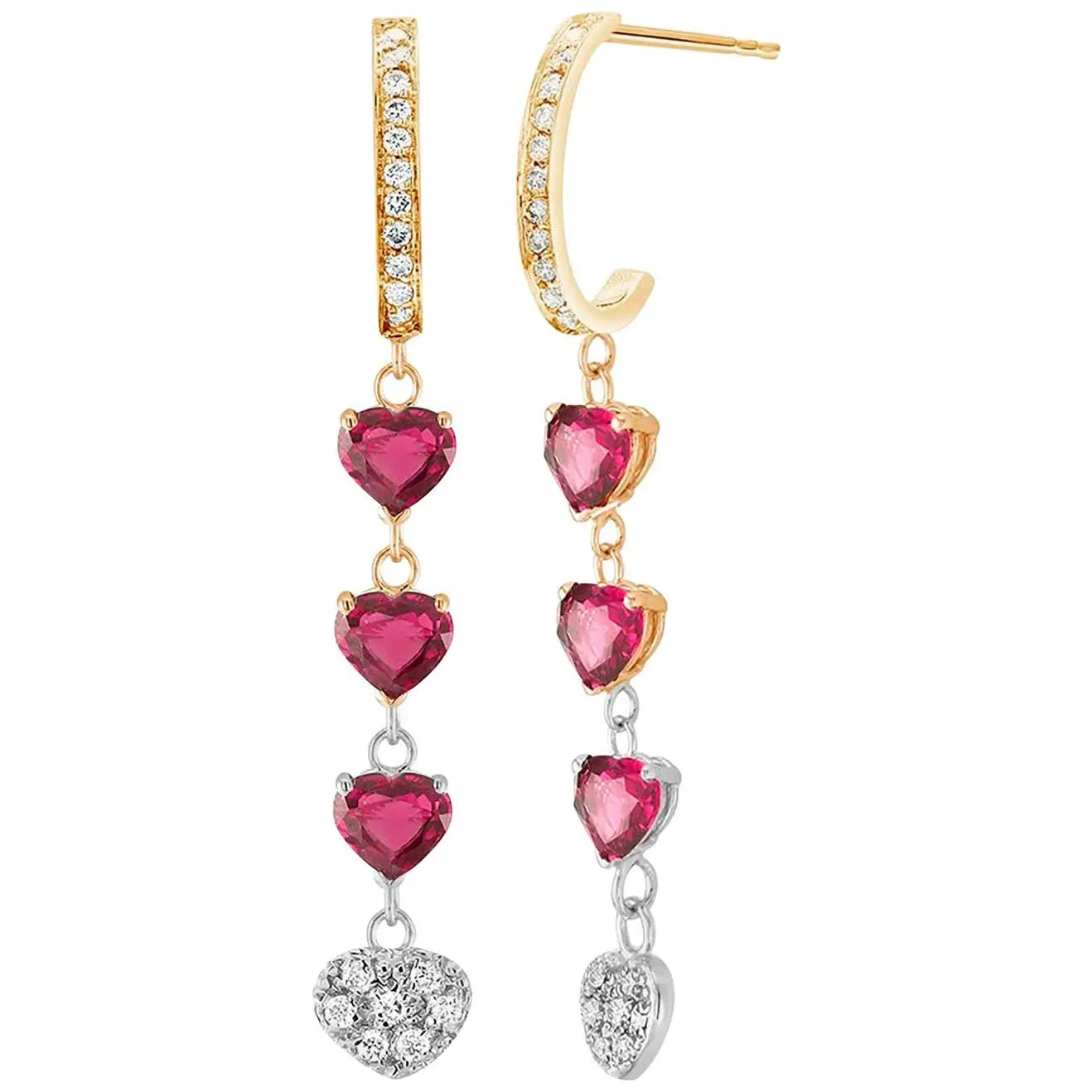 2021 New Arrival Six Heart Shape Ruby With White Zircon 925 Sterling Silver Hoop Drop Earrings