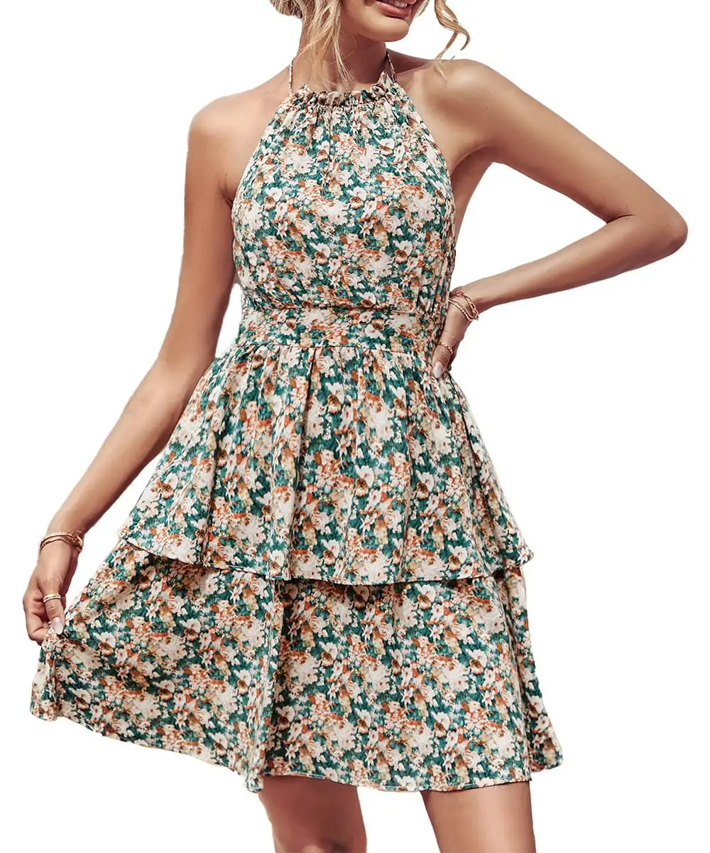 European and American Summer New Hot Selling Neck Hanging Open Back Printed Sleeveless Dress for Women