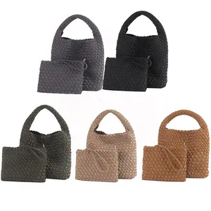 New Style Neoprene Fabric Woven Tote Bag Handmade Neoprene Beach Bag With Woven Purse Handbag For Women