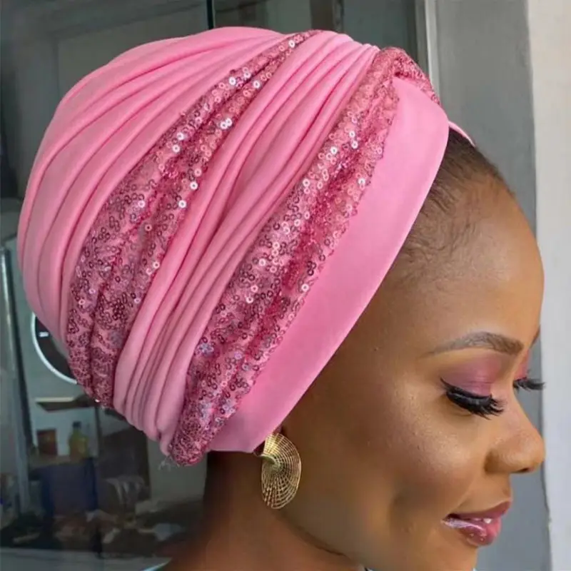 Grosir 2022 Desainer Baru Topi Wanita Afrika Topi Bonnet Hijab Mode Glitter Berlian Imitasi Peregangan Wanita Topi Turban Gele