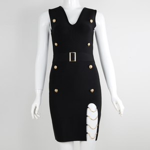 Nueva llegada señoras <span class=keywords><strong>Mini</strong></span> Moda Para vestido de vendaje verano venta al por mayor Eco-Friendly Sexy Club vestidos Deep V Metal cadena hebilla - Product Image 2