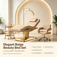 Ensemble de Mobilier de Luxe pour Salon de Beauté Noir et Or, Lit de Massage Cosmétique Électrique à 3 Moteurs, Lit Facial Réglable pour Cils avec Lampe