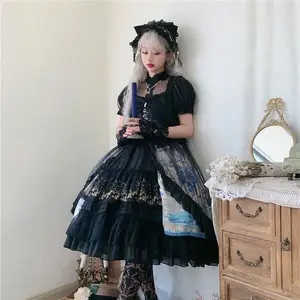 Vestido de noche de encaje Vintage de manga corta, Lolita gótica