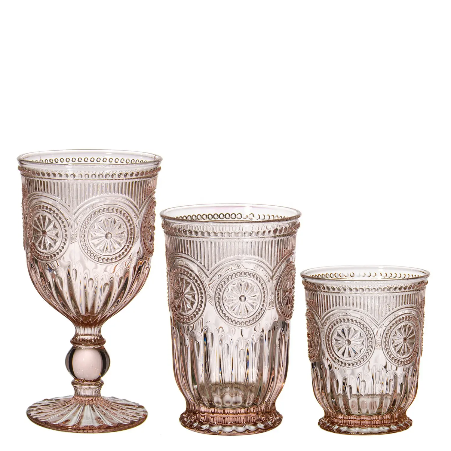 STOCK custom crystal Sunflower embossed Pink Colored glass Red Wine Goblet Glasses Set