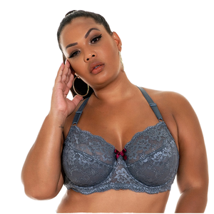 Soutien-gorge élégant gris en dentelle à armatures, coupe haute, bonnet complet, push-up, bretelles halter, pour femme, avec motif floral et fermeture dorsale, pour adultes - Product Image 1