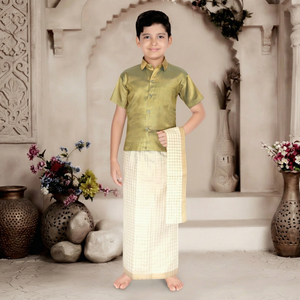 Conjunto de 3 Piezas de Camisa de Seda y Algodón para Niños, Dhoti Angavastram, Ropa Festiva Étnica del Sur de la India, Ropa Tradicional para Niños de 0 a 10 Años - Product Image 1