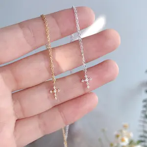 Tiny cross gold plated 925 sterling silver zircon choker necklace for women girls