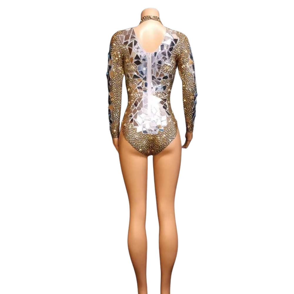 gold leotard dress Electra Reflective Sequins Party Dress / Gold leotard and skirt, Futuristic Reflective Festival Outfit, Disco Dance Costume, Mirror Bodysuit S / main image 1