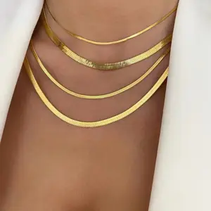 女性时尚金色细链项链2毫米不锈钢锁骨项链镀金刀片平蛇链