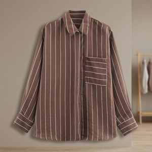 Camisa de satén a rayas marrones para mujer, de manga larga, con cuello y bolsillo, estilo casual, holgada, de manga completa - Product Image 3