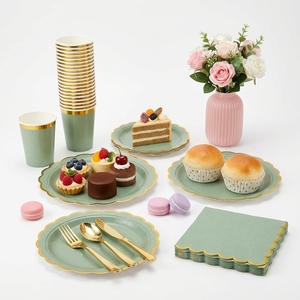 Ensemble de vaisselle de fête vert or, assiettes en papier, gobelets, serviettes, plateau de service pour desserts, décoration d'événements - Product Image 2