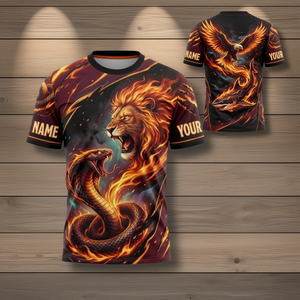 Maglietta Personalizzata Leone Serpente con Nome Personalizzato, Stampa Animale Fuoco AOP, Aquila Squalo sul Retro - Product Image 3