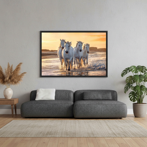 White Horses on Beach Canvas Print - Sunset Pop Art,<b>BLACK</b> <b>FRAMED</b> CANVAS - Product Image 3