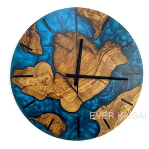Reloj de pared de madera de oliva y resina epoxi, azul, perlado, Océano, hecho a mano, personalizado