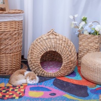 Lit pour chat en paille tressée respirant pour l'été, nid pour animaux de compagnie toutes saisons, détachable, lavable, semi-fermé, pour l'intérieur/l'extérieur