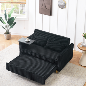 Pull-out & Push-in Foldable Reclining Black Corduroy <b>Sofa</b> with Dual Functions Movable Tabletop and USB Ports - Product Image 5