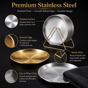 Stainless Steel Round Snack Plates <b>Set</b> 4pcs <b>Silver</b> Solid Color Hotel Coffee <b>Tea</b> Serving Dish - Product Image 3