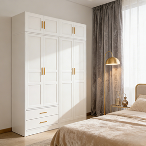 モダンなスチール製大容量4ドアワードローブ 幅160cm ハイグロスホワイト仕上げ 吊り下げ棒と引き出し付き 寝室収納用 - Product Image 2