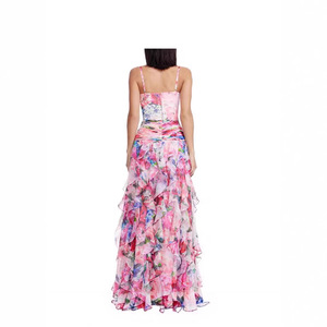 Off-Shoulder Floral Print Chiffon Evening Dress Empire Waist <b>Long</b> <b>Spaghetti</b> Strap Sheer Layer Women's Formal Wear - Product Image 4