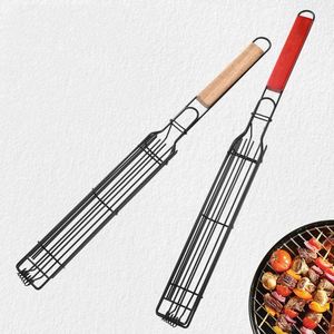 Utensilios de barbacoa de acero inoxidable con mango de madera para parrilla exterior y doméstica, jaula para verduras y brochetas redondas, herramientas con logotipo láser - Product Image 2