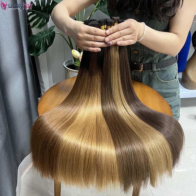 Hot Sale Remy Russian Hair Virgin Keratin Hair Extensions, Double Drawn Ombre Light Color Micro Links I Tip Human Hair Extension