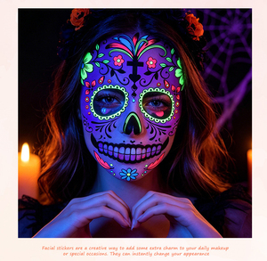 Tatuajes Temporales que Brillan en <span class=keywords><strong>la</strong></span> Oscuridad, UV Neón, Dí<span class=keywords><strong>a</strong></span> de Muertos, Calavera Mexicana, Pegatinas Faciales para Halloween - Product Image 4