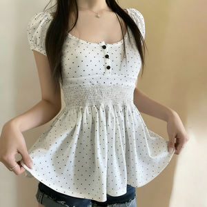 Blusa de Verano para Mujer, Linda, Ecológica, Transpirable, Casual, con Estampado de Lunares, Cintura Alta, Corte en A, Manga Corta, Estiliza la Figura - Product Image 2