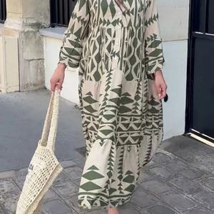 Vestidos Personalizados para Mujer, Ropa Casual de Calle, Estilo Vintage, Cuello en V Geométrico, Vestidos Largos Holgados de Playa, Elegantes Vestidos Maxi de Verano - Product Image 3