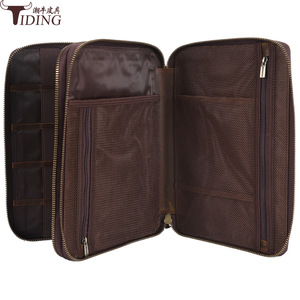 Tiding Genuine Leather Cable <b>Storage</b> Bag Dark Brown Double Layer For Business Travel With <b>Usb</b> Flash Drive And Headphone Slots - Product Image 3