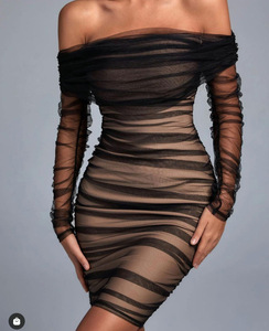 Abito Bodycon Nero <span class=keywords><strong>Marrone</strong></span> Monospalla con Spacco, Sexy, a <span class=keywords><strong>Maniche</strong></span> <span class=keywords><strong>Lunghe</strong></span>, Traspirante in Fibra di Poliestere, Estivo, Stile Corsetto, per Feste di Compleanno e Serate - Product Image 4