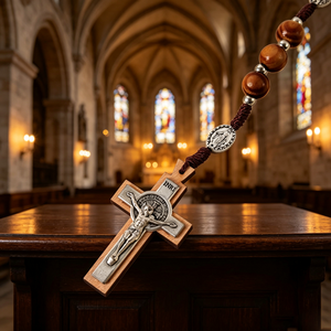 Collier de prière en bois avec perles et crucifix en argent INRI, bijoux religieux chrétiens unisexes, faits à la main, plaqué antique - Product Image 1