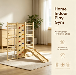 Gymnase mural d'activités pour tout-petits <span class=keywords><strong>en</strong></span> <span class=keywords><strong>bois</strong></span> naturel de qualité supérieure <span class=keywords><strong>avec</strong></span> poignées d'escalade, échelle <span class=keywords><strong>en</strong></span> corde, toboggan et <span class=keywords><strong>anneaux</strong></span> de trapèze - Product Image 2