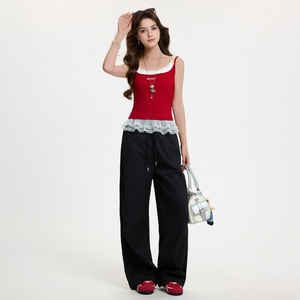 Camiseta sin mangas estilo americano con contraste de color y dobladillo de encaje, efecto dos piezas, para mujer, estilo chica sexy, <span class=keywords><strong>top</strong></span> rojo, primavera-verano 2026 - Product Image 4
