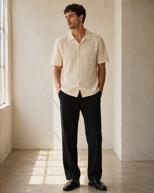 Low MOQ Custom Brand Mens Knitted Button Down Polo Shirt Classic Collar Horizontal Textured Summer Knitwear