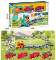 Set Rel Kereta Mainan Elektrik dengan Lampu Musik, Mengangkut 4 Mobil Diecast Alloy Tarik Mundur, Playset Rel Kereta Api untuk Hadiah Ulang Tahun Anak