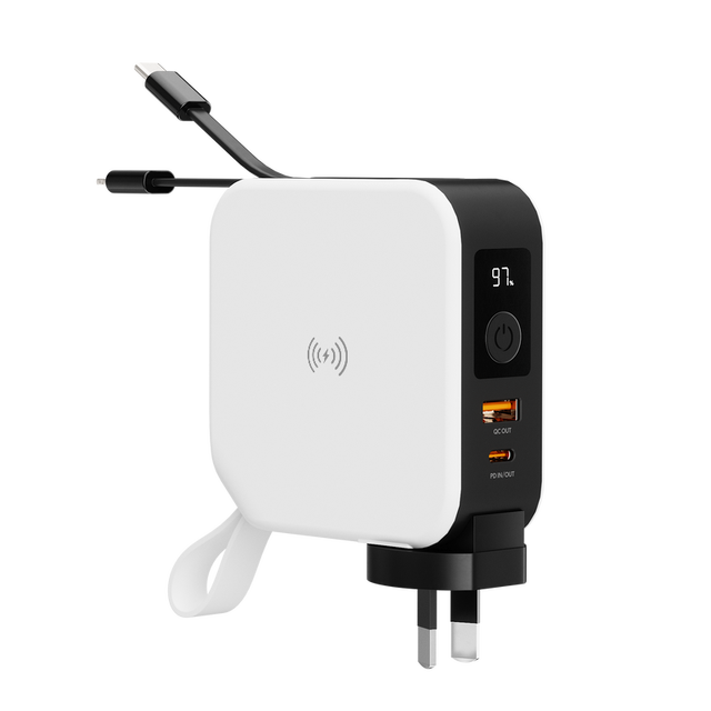 World Travel Adapter Kit AC 10W US AU EU UK Wall Plug Wireless Charger Built in Cable 10000mAh 5 in 1 Travel Power Bank