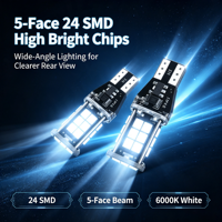 Ampoule LED de recul T15-3030-24SMD à 5 faces, blanc 6000K, sans erreur Canbus, T15 921 W16W, pour feux de recul et de stationnement auto