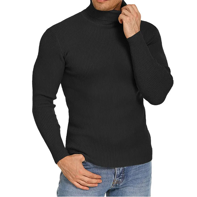 Custom Wool Men Sweaters Slim Fit Turtleneck Ribbed Top Warm Twist Knit Pullover Thick Knitwear Clothing Black Sweater