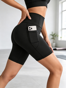 High Waist Black Yoga <b>Shorts</b> Pockets Four-Way Stretch Seamless Spandex/Polyester Fabric Tummy Control Elastic Custom Training - Product Image 4
