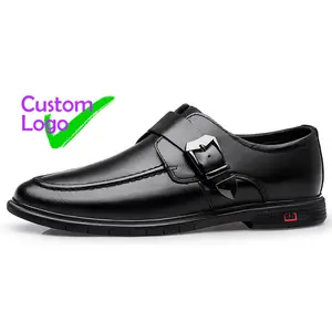 Zapatos de cuero de calidad abierta para hombre, calzado informal de cuero, cómodo, punta estrecha, tacón bajo, hebilla