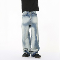 Fabricant de denim sur mesure, coupe ample Y2K, jambe droite, coupe bootcut, style urbain, effet délavé soleil, teinture éclaboussée, délavé à la pierre, effet usé, bords bruts