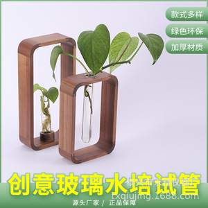 Walnut Wood Glass Hydroponic Planter Desktop Decoration Plant Growing Vase - Product Image 1
