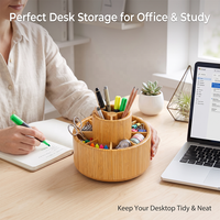 Organisateur de bureau rotatif à 360° en bambou naturel personnalisé à double niveau, porte-stylos rotatif, support de rangement de bureau, pot à crayons pour l'école