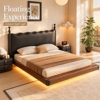 Lit Queen Size Moderne Minimaliste Flottant en Cuir Rembourré avec Bande LED, Cadre en Bois Massif, Meuble de Chambre Personnalisable