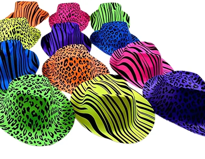 Topi Pesta Plastik Topi Pesta Fedora Garis-garis Zebra Plastik Beraneka Warna Pola Hewan Neon