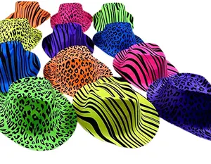 Chapeaux de fête en plastique, motifs d'animaux fluo irisé assortis, chapeaux de fête Fedora à rayures zébrées en plastique